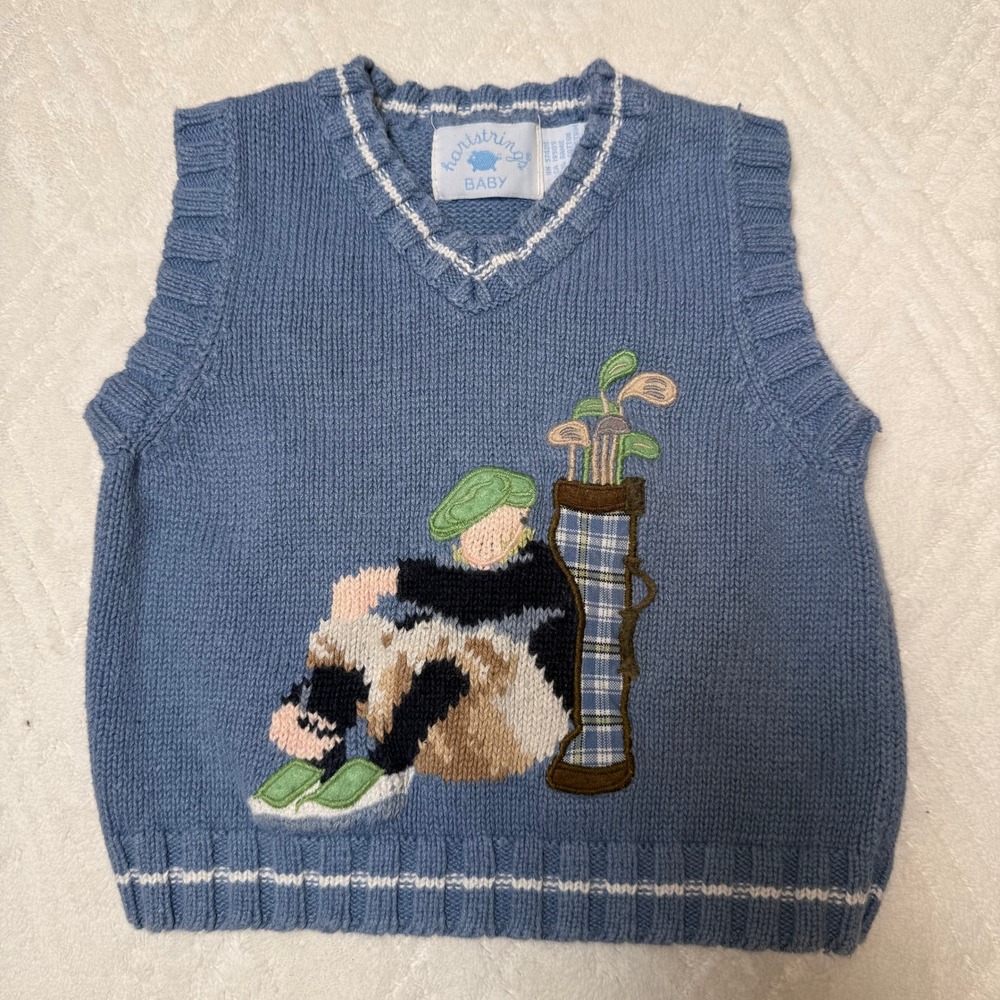 Preppy Golf Hartstrings Baby 24M Blue Knit Sweater Vest Golfer Plaid Clubs